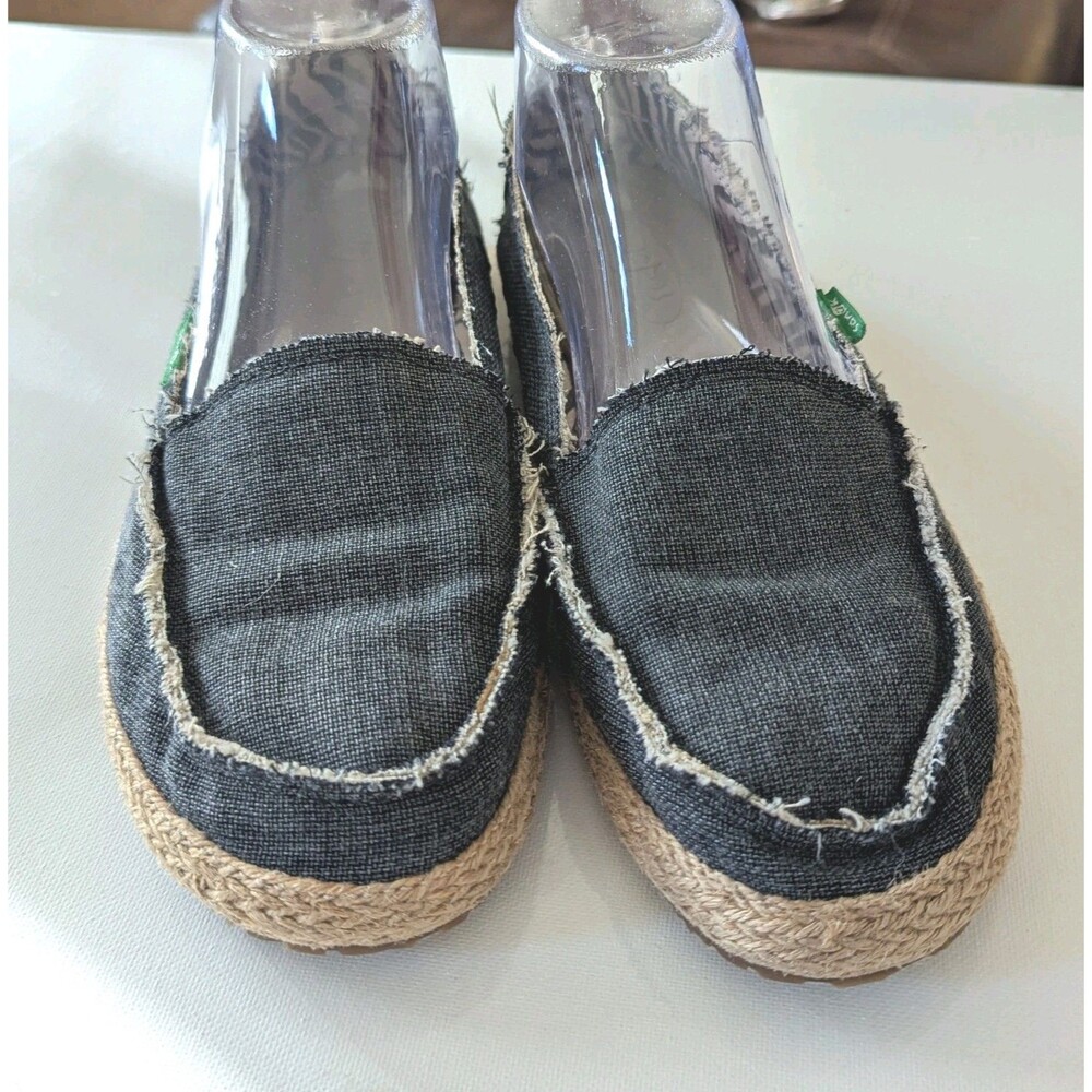 SANUK Fiona Sz 8 Charcoal Denim Raw Edge Women's Slip On Casual Shoe Jute Trim